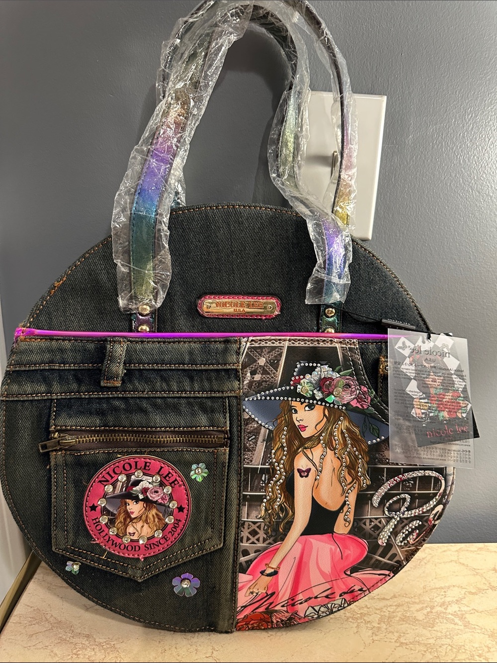 Nicole Lee Black Denim Round Tote with Pink and Purple Accents